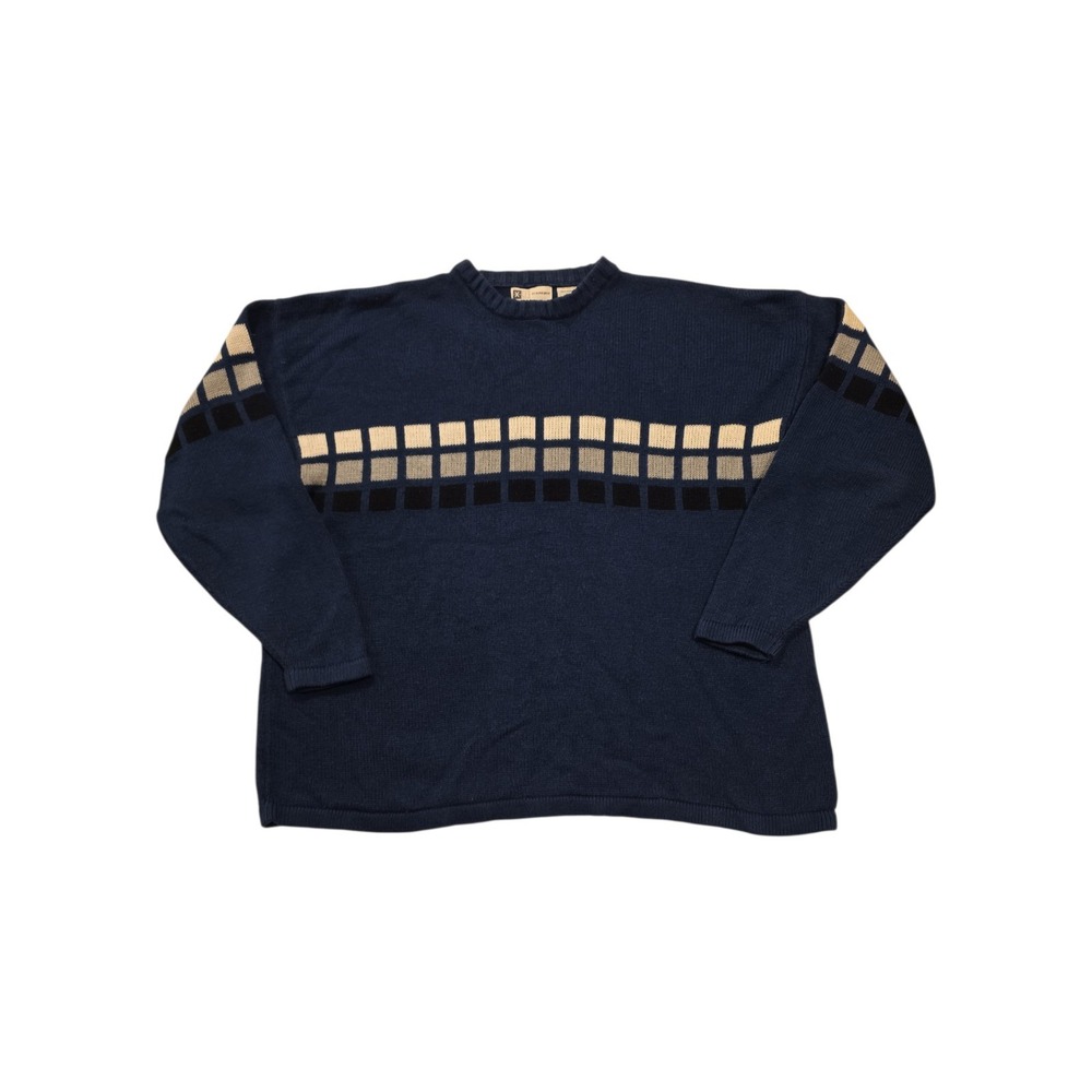 Vintage Xtreme Gear Sweater XXL Navy Geometric Block Pattern Hong Kong Y2K Retro